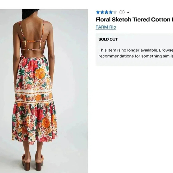 NWT FARM Rio Floral Sketch Tiered Cotton Tropical Backless Strappy Midi Dress L - Picture 9 of 11
